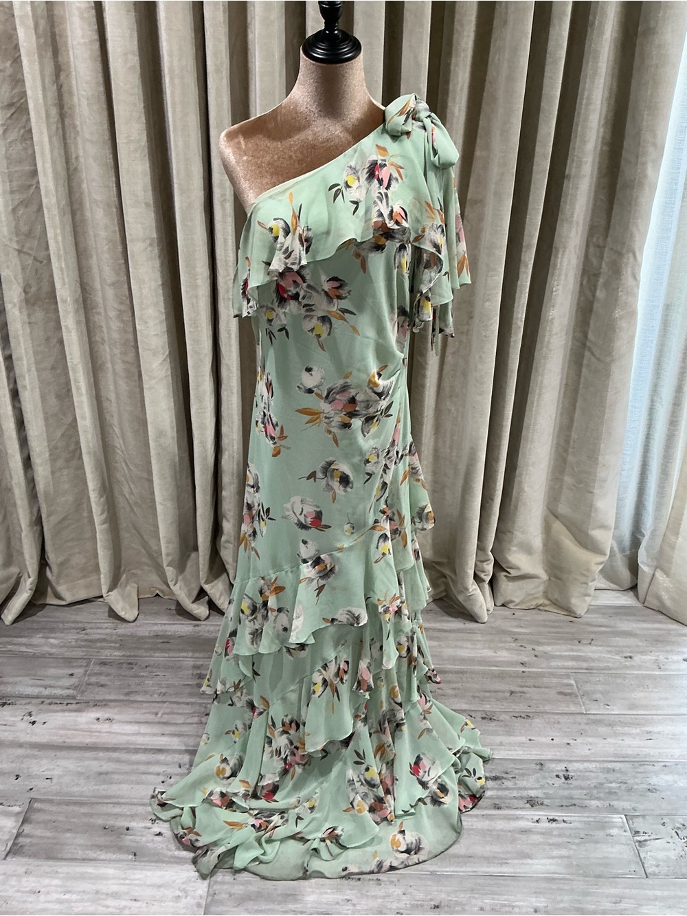 Ralph Lauren One-Shoulder Sage Floral Ruffle Maxi Dress